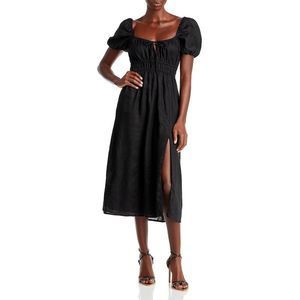 Faithfull the Brand Womens Black Linen Calf Puff Sleeve Midi Dress NWT